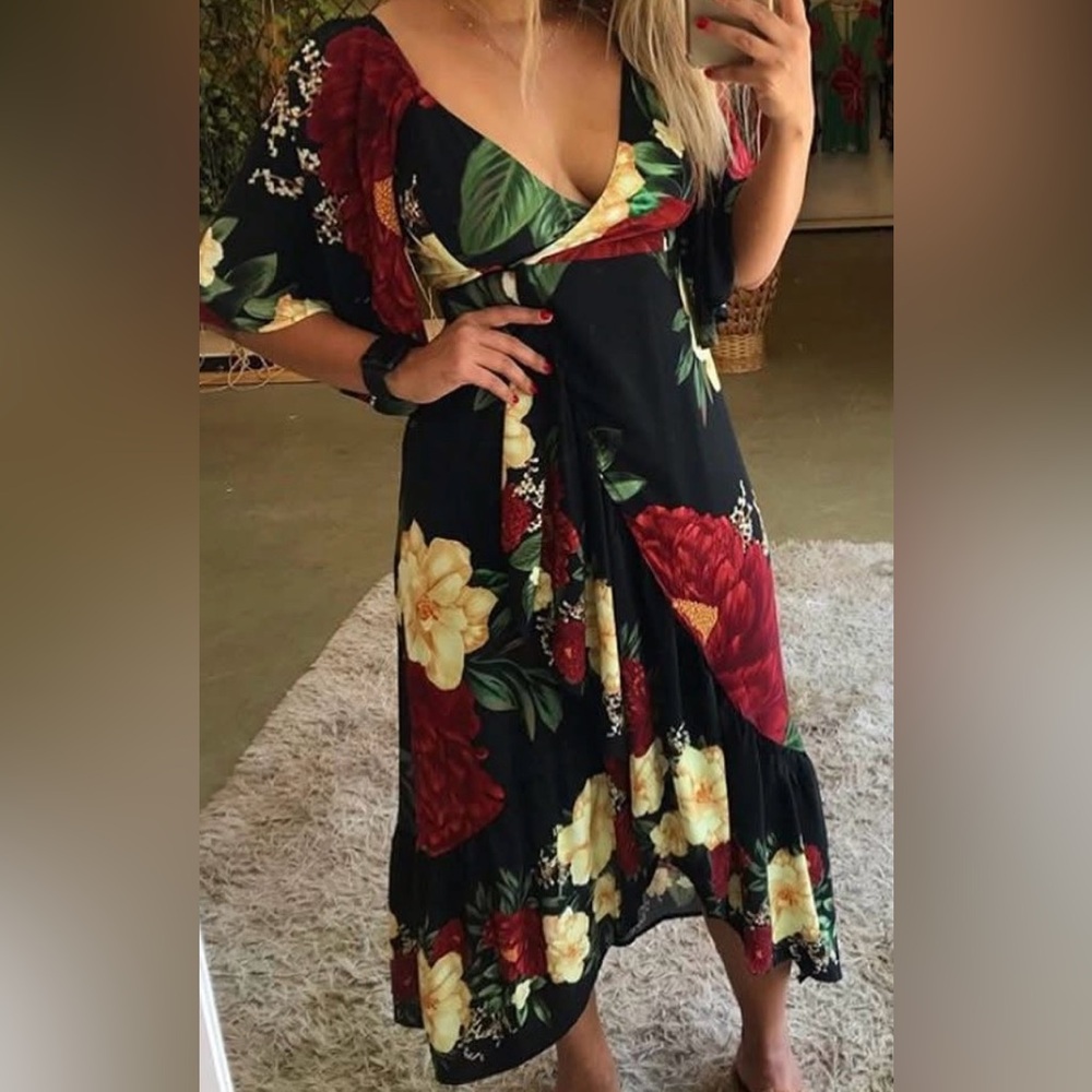 FARM Rio Floral Midi Dress - Black, Red, Green, Yellow